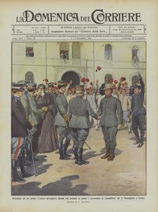 Vyznamenání pro statečného, ​​hrdinského bersagliere Bennu se svou matkou vedle něj a prezentované jeho kolegům vojákům?