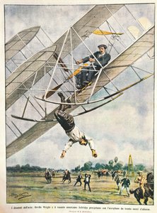 Orville Wright a poručík Seliridge se vrhají dvojplošníkem z třiceti metrů, Spojené státy americké, ilustrace Achille Beltrame z La Domenica del Corriere, 11. října od Achille Beltrame