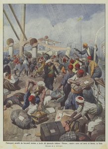 Cestující napadení beduínskými lodníky na palubě italského parníku Perseo, když vplouvá do? od Achille Beltrame