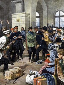 Cestující byli přepadeni na nádraží v Evropě lupiči a okradeni v čekárně. Ill. de Beltrame. La Domenica del Corriere. 07/1909. od Achille Beltrame
