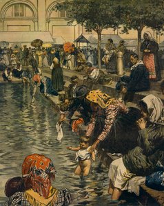 Pouť do Caravaggia: Koupání v zázračných vodách, Achille Beltrame (1871-1945), z La Domenica del Corriere od Achille Beltrame