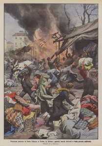 Malebné tržiště Porta Palazzo v Turíně, v plamenech, patnáct zničených stánků a různí lidé zbití od Achille Beltrame
