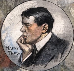 Portrét Harryho Thawa v roce 1907 během jeho soudu od Achille Beltrame