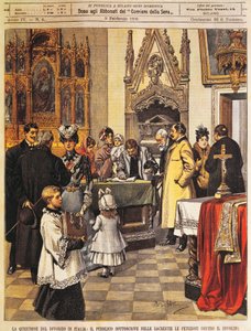 Veřejná podepsat petici proti rozvodu v sakristii, Achille Beltrame, ilustrace, Ilustrátor Achille Beltrame (1871-1945), z La Domenica del Corriere, 9. února 1902 od Achille Beltrame