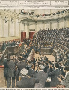 Znovuotevření italského parlamentu večer 22. února, jásání armády po jejím úspěšném tažení v Libyi, Achille Beltrame, ilustrace, ilustrátor Achille Beltrame (1871-1945), z La Domenica del Corriere, 3. března 1912 od Achille Beltrame