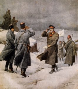 Obnovení války, turecký poslanec přijíždějící do bulharského tábora se zprávou oznamující konec příměří, Achille Beltrame (1871-1945), ilustrace z La Domenica del Corriere, 9. února od Achille Beltrame