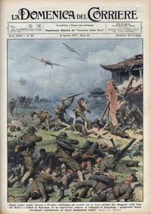Druhá čínsko-japonská válka (1937-1945): střety mezi japonskými a čínskými zbraněmi poblíž Pekinu, Japonci rychle vyhladí celý čínský prapor. Ilustrace Achille Beltrame z „La domenica del corriere““ z 8.8.1937. od Achille Beltrame