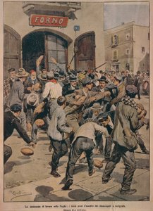 Vážný nedostatek práce v Apulii, pece zaútočili Cerignolovi nezaměstnaní, Achille Beltrame, ilustrace, ilustrátor Achille Beltrame (1871-1945), z La Domenica del Corriere, 20. prosince 1908 od Achille Beltrame