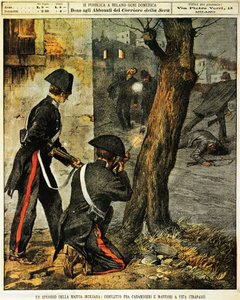 Akce sicilské mafie, Boj mezi karabiniéry a mafiánskými gangstery v Trapani, Achille Beltrame, ilustrace, Ilustrátor Achille Beltrame (1871-1945), z La Domenica del Corriere, 31. prosince 1899 od Achille Beltrame