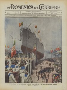 Slavnostní zahájení startu velké bitevní lodi Conte di Cavour v La Spezia, ráno 10. srpna od Achille Beltrame