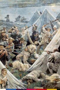 Jižní Afrika. Druhá búrská válka. Útok na anglický tábor Tweefontein (1902). Ilustrace Achille Beltrame. Rytina. od Achille Beltrame