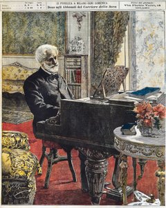 Italský skladatel Giuseppe Verdi ve své studii, deska Achille Beltrame (1871-1945), La Domenica del Corriere, 8. října od Achille Beltrame