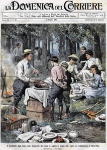 Prezident Spojených států Theodore Roosevelt (1858 - 1919) naučil své syny povinnostem muže z dobré společnosti tím, že si během pikniku ve svém druhém bydlišti v Oister Bay uřízl nohu. Ilustrace Achille Beltrame. La Domenica del Corriere od Achille Beltrame