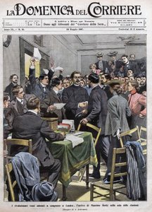 Příjezd Maxima Gorkého do zasedací místnosti na kongresu v Londýně po revoluci v roce 1905 v Rusku. Obálka La Domenica del Corriere z 26.5.1907. od Achille Beltrame