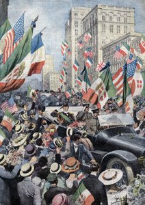 Nadšené přivítání ze strany amerického lidu Ferdinanda de Savoy, vévody z Janova a prince z Udine (1884 - 1963), když přijel do Bostonu. Ill. de Beltrame. La Domenica del Corriere. 06/1917. od Achille Beltrame
