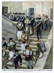 Poslední gang sardinských malfratů, když opouštějí porotní soud v Cagliari, kde se soud koná. Ilustrace Beltrame. La Domenica del Corriere. 07/1913. od Achille Beltrame