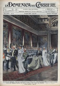 Královský pár, Victor Emmanuel III (Victor-Emmanuel) (Vittorio Emanuele III) (1869-1947) a jeho manželka Helene z Černé Hory, následovaný princem Humbertem (Umberto) II a Mary Jose (Marie-Jose z Belgie, Maria Jose Savojská ) jděte do kaple Paolina (Paol od Achille Beltrame