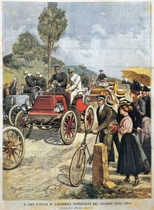Cesta po Itálii autem, sponzorováno Corriere della Sera, ilustrace Achille Beltrame z La Domenica del Corriere, 19. května od Achille Beltrame