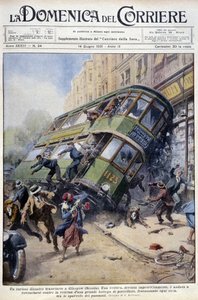 Nehoda tramvaje ve skotském Glasgow: jeden z vozů se vysypal na porcelánovou vitrínu a na kolemjdoucí - kresba A. Beltrame, v „La Domenica del Corriere““ z 1. února 1931. od Achille Beltrame