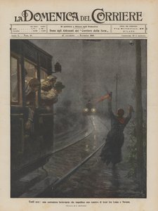 Skromní hrdinové, železniční cestář, který zabrání srážce vlaku mezi Luinem a Novarou od Achille Beltrame