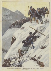 Kapitán Alpini narazil do rokle během pochodu na Mount Telegraph od Achille Beltrame