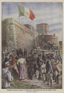 Odvážné vlastenecké prohlášení, trikolóra tajemně vyvěšená na zdech terstského hradu.