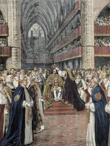 Spojené království (1901). Korunovace Edwarda VII ve Westminsterském opatství. Ilustrace Achille Beltrame vydaná v Domenica del Corriere. Rytina. od Achille Beltrame