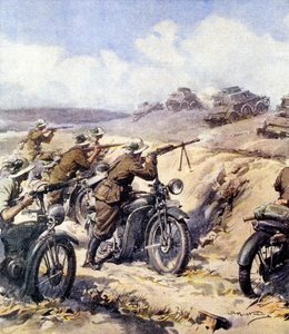 WWII-1940 1941-Kampaň v severní Africe – „Střet mezi Bersaglieri a britskými obrněnými jednotkami v Cyrenaice“ z La Domenica del Corriere del 28. července 1940, ilustrace A. od Achille Beltrame