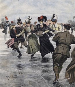 Zimní radovánky. Bruslaři. ilustrace Achille Beltrame v roce 1907. od Achille Beltrame