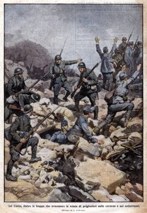 První světová válka: Italská fronta na náhorní plošině Carso (Trentino) a vězni v podzemí. "Domenica del Corriere". 07/1917 (litografie) od Achille Beltrame