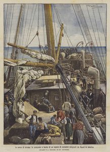při hledání štěstí snídaně na palubě parníku emigrantských rolníků z Neapole do Ameriky od Achille Beltrame