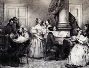 Rodinný koncert s klavírem, Achille Deveria (1800-1857), rytina, Francie