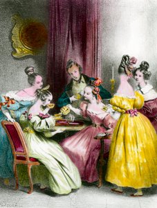 Odpoledne v Salon de the under the Restoration tisk Achille Deveria (1800-1857) Soukromá sbírka z 19. století od Achille Devéria