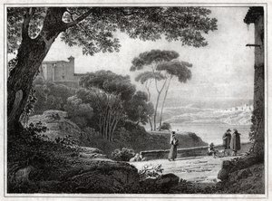 Jezero Albano. (rytina kolem roku 1820) od Achille Etna Michallon