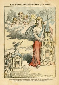 Ilustrace Achille Lemot (1846-1909) v Le Pelerin, 09.09.06 - Dva protivníci - antisemitismus, náboženství víra, tříbarevná vlajka, kostely Cathedrale, synagoga, katolicismus - alegorie, změna měřítka od Achille Lemot