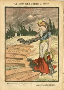 Ilustrace Achille Lemot (1846-1909) v Le Pelerin, 03/11/07 - Den mrtvých - proces spravedlnosti, náboženství víra, Liberte, Francie, tříbarevná vlajka, vlastenectví, smuteční obseque pohřeb, čest, rakev - Marianne - Smrt, náboženská metafora od Achille Lemot