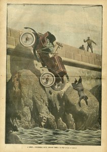Ilustrace Achille Lemot (1846-1909) v Le Pelerin, 05.05.07 - V Cannes spadne automobil pana Liegarda do moře - různá fakta, Automobilový průmysl, Mořské Mořské pobřeží, Nehody Katastrofy od Achille Lemot