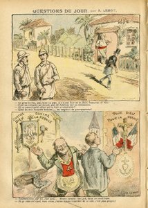 Ilustrace Achille Lemot (1846-1909) v Le Pelerin, 06/10/07 - Otázka dne - Kolonizace Kolonialismus Kolonismus, Antimakonismus Freemaking, Náboženství Víra, Ateismus, Patriotismus, Exil, Katolický katolicismus - Osadníci, Průzkumníci, Forcats, bagnards od Achille Lemot
