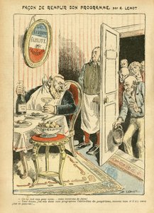 Ilustrace Achille Lemot (1846-1909) v Le Pelerin, 23/07/05 - Jak naplnit svůj program - Sociální, Misere, Gastronomický kuchař, Socialismus - Jaures Jean, zástupce, Homemans - Metafora jídla, Opozice/Asociace od Achille Lemot