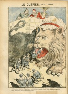 Ilustrace Achille Lemot (1846-1909) v Le Pelerin, 25/08/07 - Le Guepier - válka, Německo Prusko, Anglie Velká Británie, Španělsko, Námořní Mořské Pobřeží - Lev/Tiger od Achille Lemot