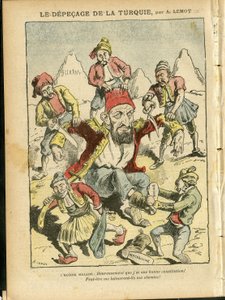 Ilustrace Achille Lemota (1846-1909) v Le Pelerin, 25/10/08 - Vyhlazení Turecka - Turecko, náboženská víra, Balkán, Bulharsko, Bosna a Hercegovina, Kréta, katolicismus - Abdul-Hamid II (1842-1918) od Achille Lemot