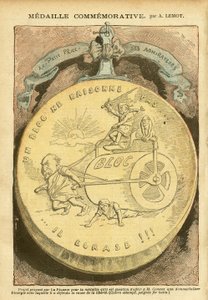 Ilustrace Achille Lemot (1846-1909) v Le Pelerin, 26.02.05 - Pamětní medaile - Freemaking Antimaconism, pouzdro na karty, levý blok - Combes Emile (1835-1921), Marianne - Kastrol od Achille Lemot