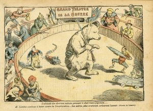 Ilustrace Achille Lemot (1846-1909) v Le Pelerin, 28.2.2004 - Postoj různých národů... - Rusko, rusko-japonská válka - Combes Emile, medvěd, pouťový medvěd - animalisation, karneval/hra/cirkus