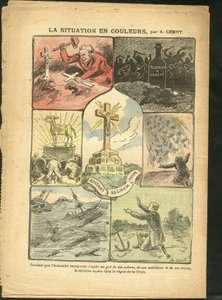 Ilustrace Achille Lemot (1846-1909) v Le Pelerin, 28/02/09 - Situace v barvách - Náboženství Víra, Námořní mořské pobřeží, Ateismus, Havárie, přírodní katastrofy, Křesťanský kříž, Katolický katolicismus - Zlaté tele od Achille Lemot
