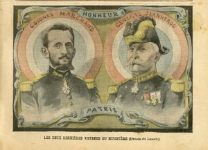 Ilustrace Achille Lemot (1846-1909) v Le Pelerin, 29.05.04 - Poslední dvě oběti ministerstva - Armee, Ministere de la guerre, Patriotisme - Laicisation Laicite Světské zákony - Marchand Jean-Baptiste (1863-1924) , generál Generaux, Jeannerod Gaspa od Achille Lemot