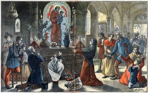 Oddanost svatému Antonínu Paduánskému (San Antonio di Padova) znovu sjednocuje před jeho oltářem všechny třídy společnosti - Ilustrace Achille Lemot v „“Le-Pelerin““ z roku 1896 od Achille Lemot