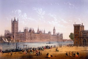 Houses of Parliament od South Bank, tisk Ch. Riviere, 1862