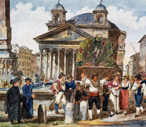 Jahodový festival v Pantheonu v Římě, akvarel Achille Pinelli (1809-1841), Itálie