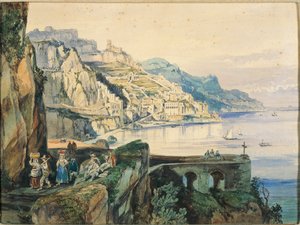 Itálie, Pohled na Amalfi (akvarel na papíře)