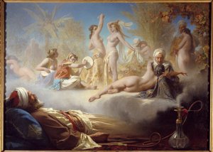 Sen věřícího Muslim spí poté, co kouřil narguile sen orientálních tanečnic. Obraz Achilles Zo (1826-1901) 19. století Sun. 1,04x1,58 m Bayonne, Musee Bonnat